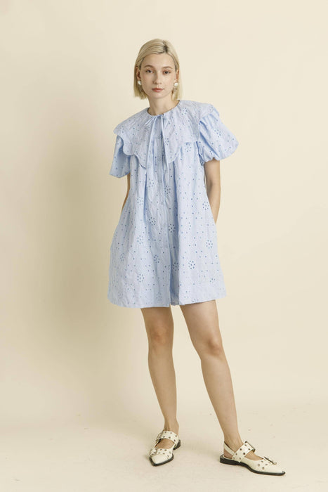 WHITE COTTON EYELET SCALLOP COLLAR DRESS