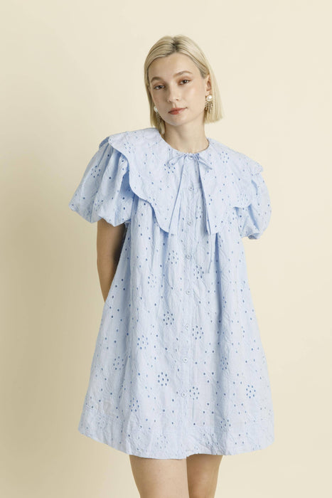 WHITE COTTON EYELET SCALLOP COLLAR DRESS