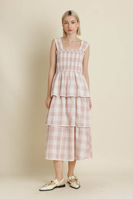 AD2125 - GINGHAM TIERED MIDI DRESS