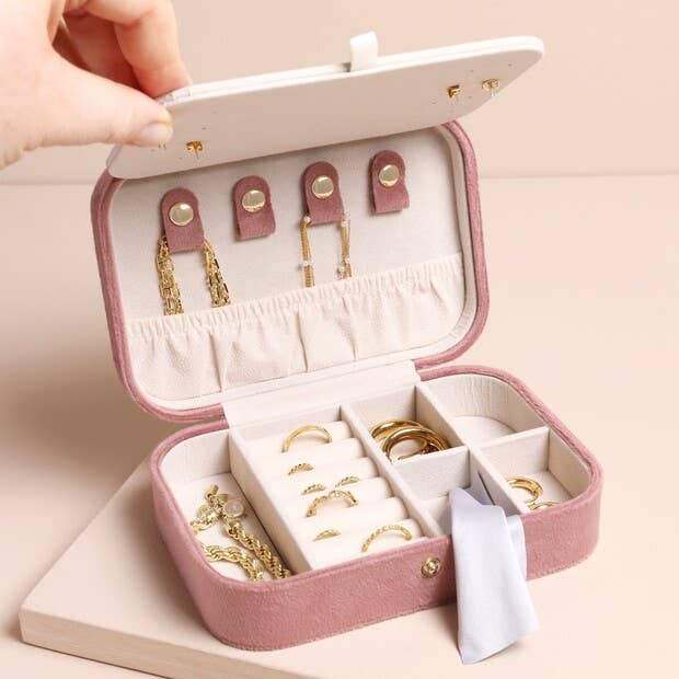 Rose Pink Velvet Rectangular Travel Jewellery Case