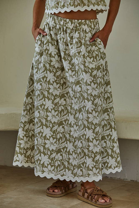 Woven Cotton Floral Print Flare Maxi Skirt