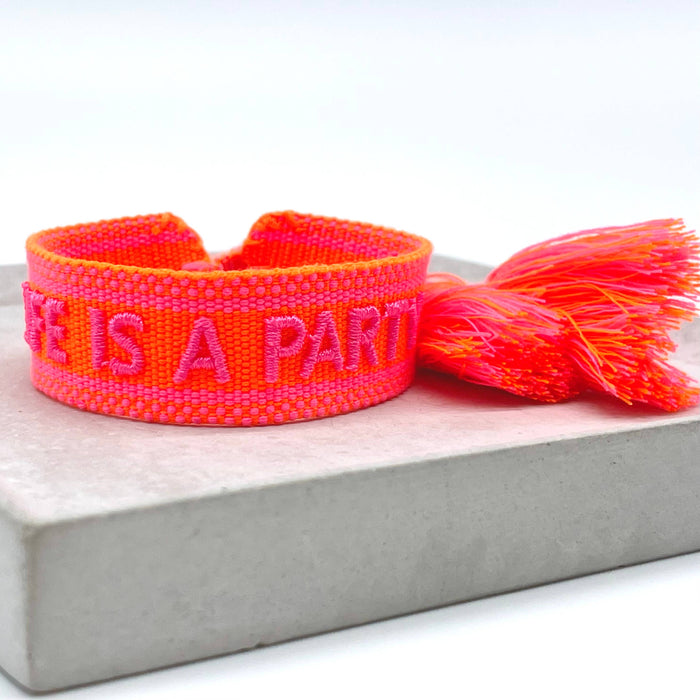 LIFE IS A PARTY statement bracelet woven, embroidered