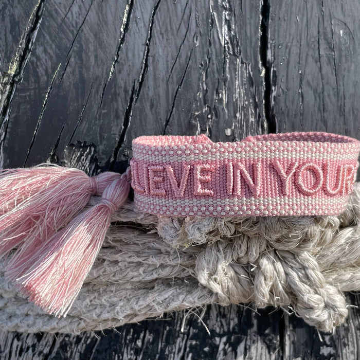 BELIEVE IN YOURSELF statement bracelet woven, embroidered