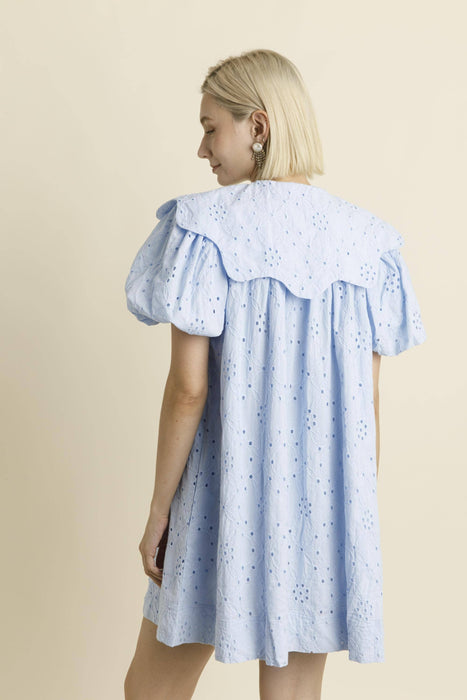 WHITE COTTON EYELET SCALLOP COLLAR DRESS