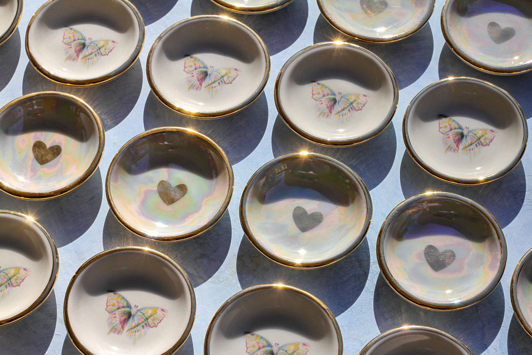 Iridescent Heart Ring Dish | Handmade Pottery with Gold