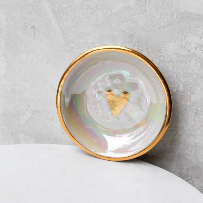 Iridescent Heart Ring Dish | Handmade Pottery with Gold