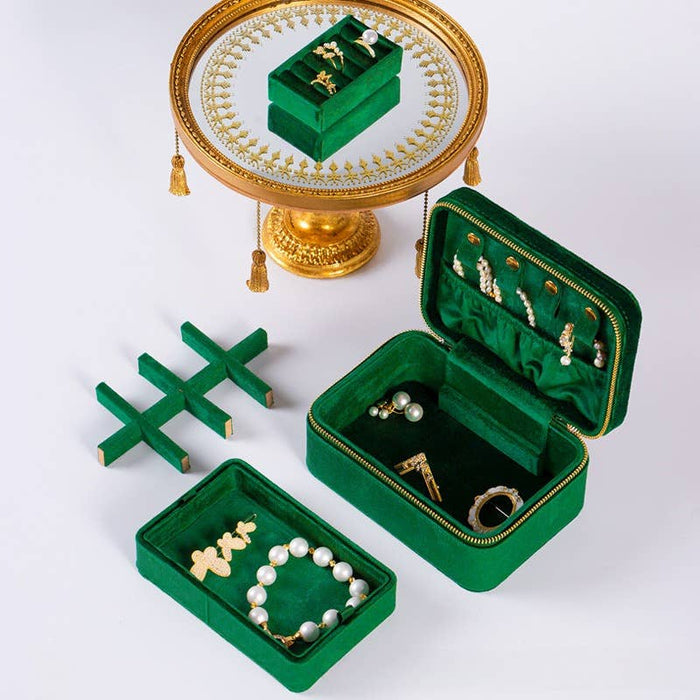 Double-Deck Plush Velvet Jewelry Box for Women Men Girls