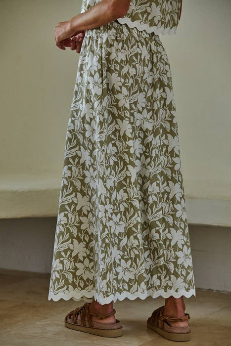 Woven Cotton Floral Print Flare Maxi Skirt