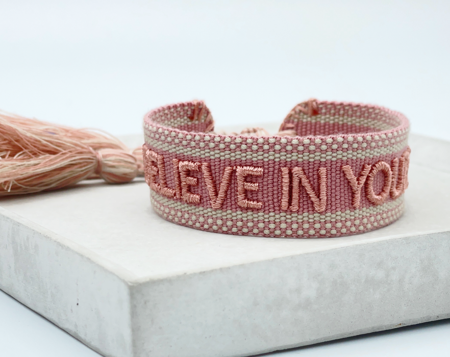 BELIEVE IN YOURSELF statement bracelet woven, embroidered