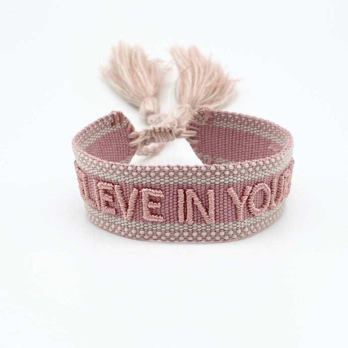 BELIEVE IN YOURSELF statement bracelet woven, embroidered