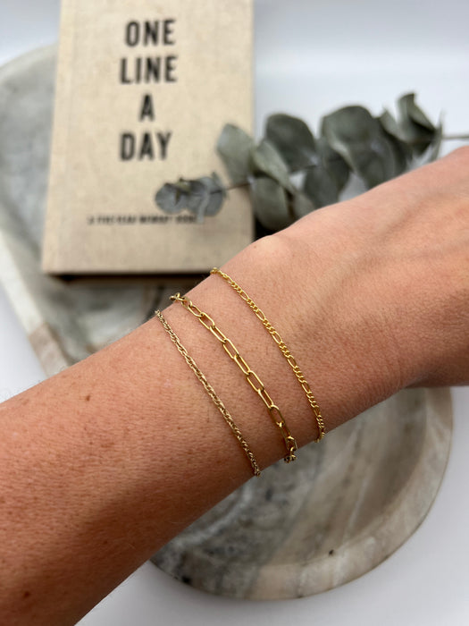 Paperclip, Figaro, and Rope Chain permanent 14k gold-filled bracelets on wrist.