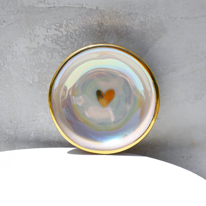 Iridescent Heart Ring Dish | Handmade Pottery with Gold