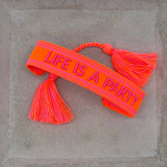 LIFE IS A PARTY statement bracelet woven, embroidered