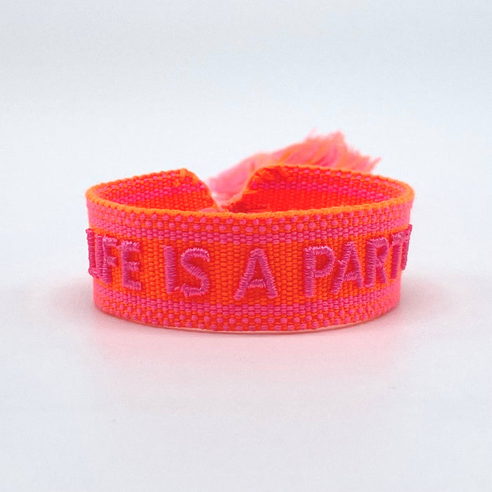 LIFE IS A PARTY statement bracelet woven, embroidered