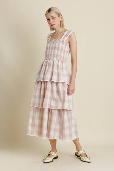AD2125 - GINGHAM TIERED MIDI DRESS