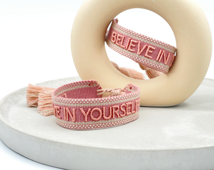 BELIEVE IN YOURSELF statement bracelet woven, embroidered