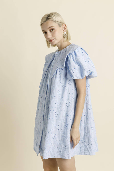 WHITE COTTON EYELET SCALLOP COLLAR DRESS