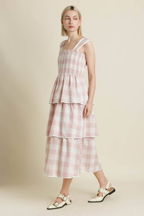 AD2125 - GINGHAM TIERED MIDI DRESS