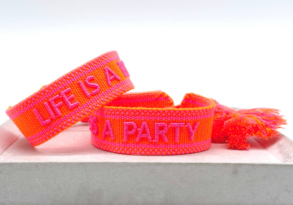 LIFE IS A PARTY statement bracelet woven, embroidered