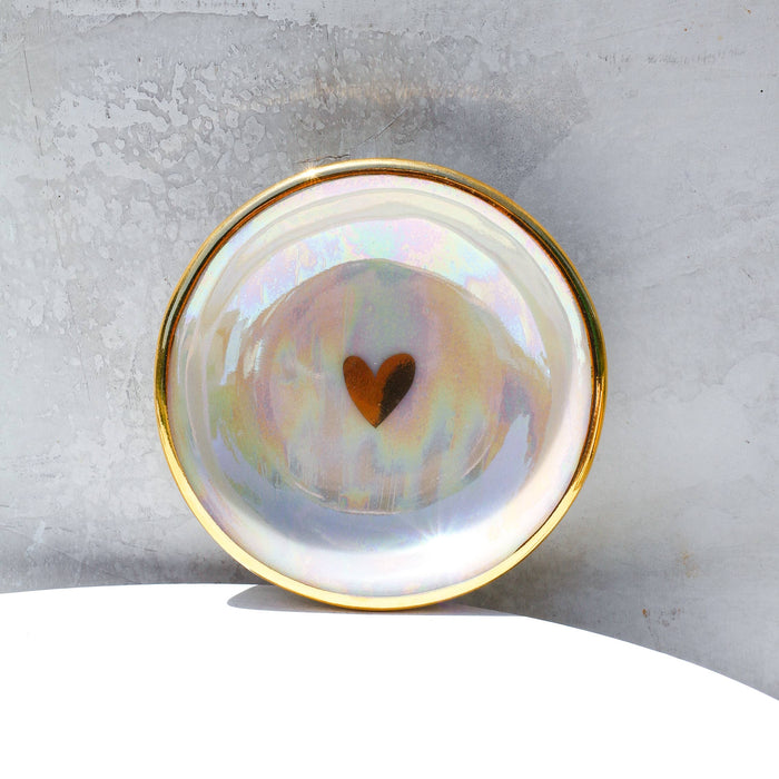 Iridescent Heart Ring Dish | Handmade Pottery with Gold