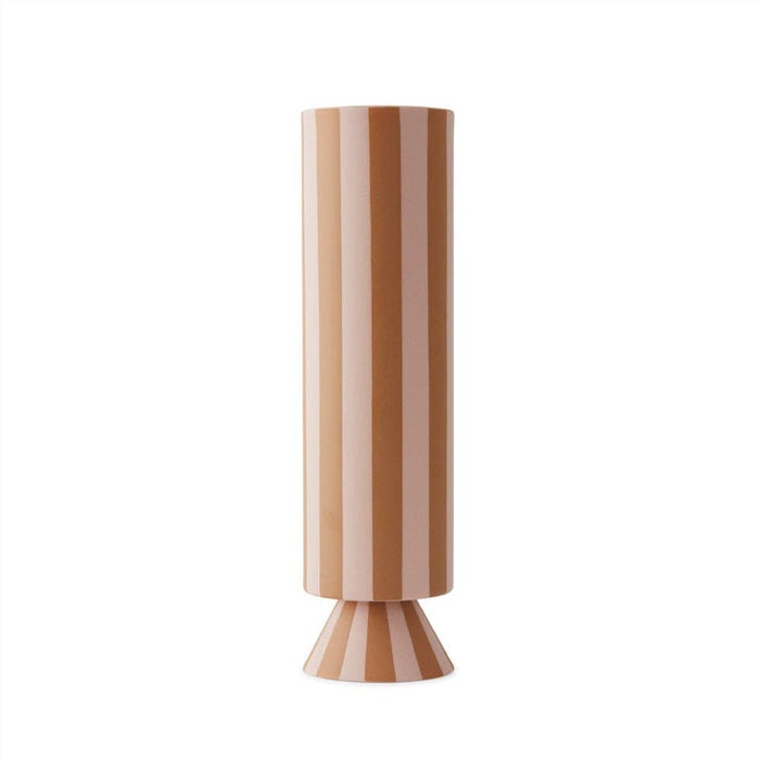 Toppu Vase  with vertical stripes in caramel and rose.