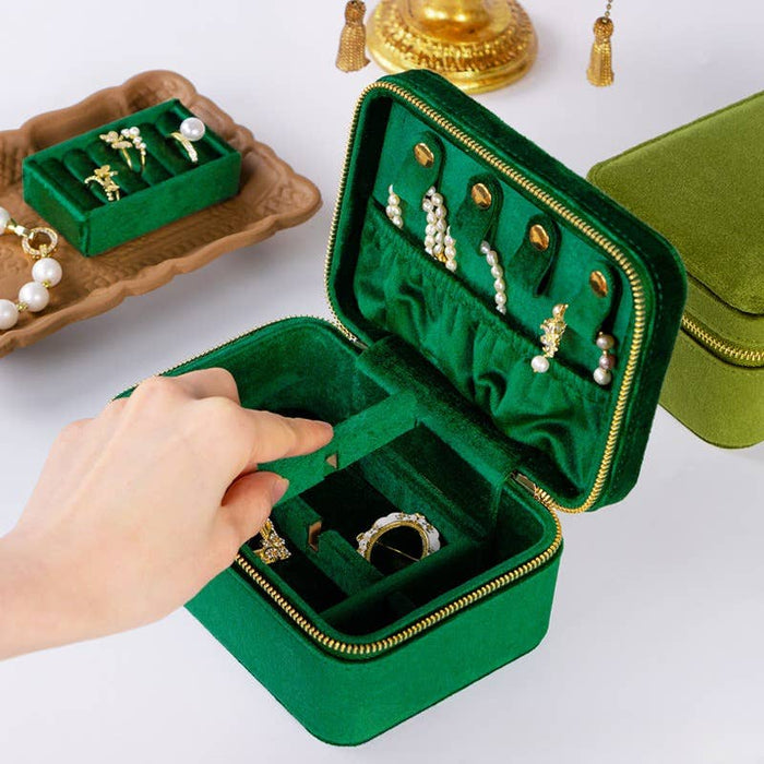 Double-Deck Plush Velvet Jewelry Box for Women Men Girls