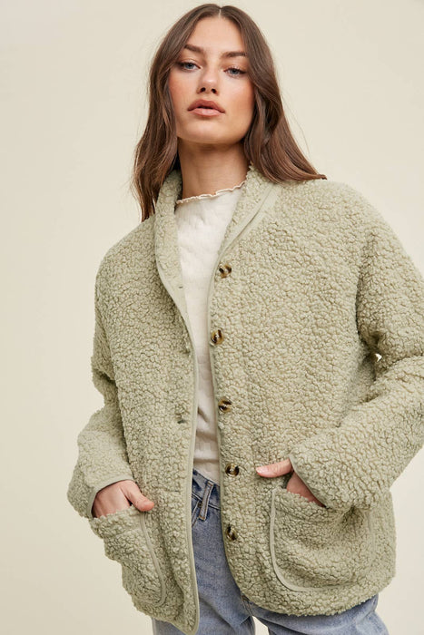 SHERPA BUTTON UP JACKET WITH PIPING DETAIL