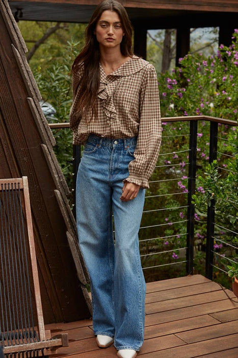 Woven Cotton Gingham Ruffled Blouse