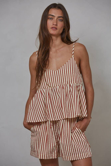 L8094 | Woven Polyester Viscose Cotton Striped V-Neck Top