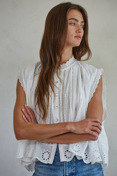 Woven Cotton Eyelet Buttondown Sleeveless Top