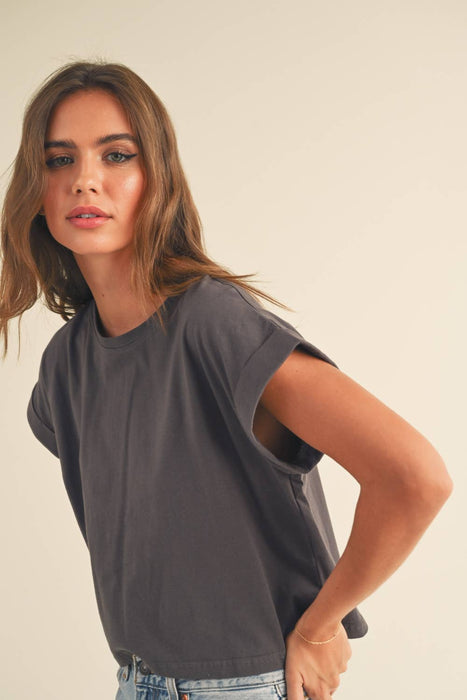 ROUND NECK CUFFED SLEEVE TOP