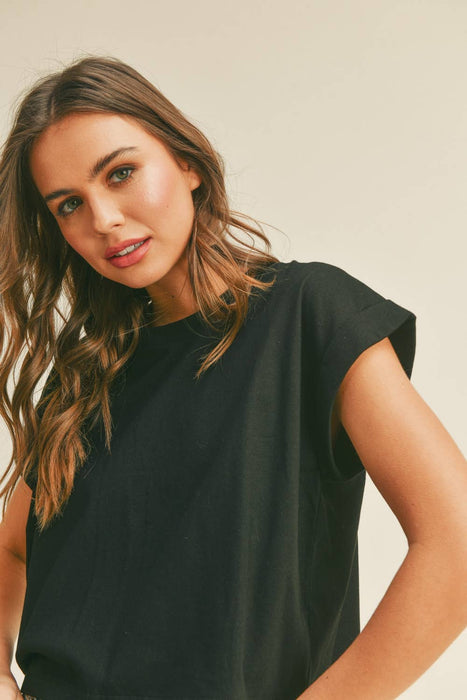 ROUND NECK CUFFED SLEEVE TOP