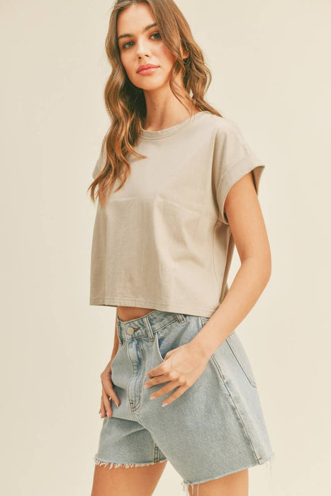 ROUND NECK CUFFED SLEEVE TOP