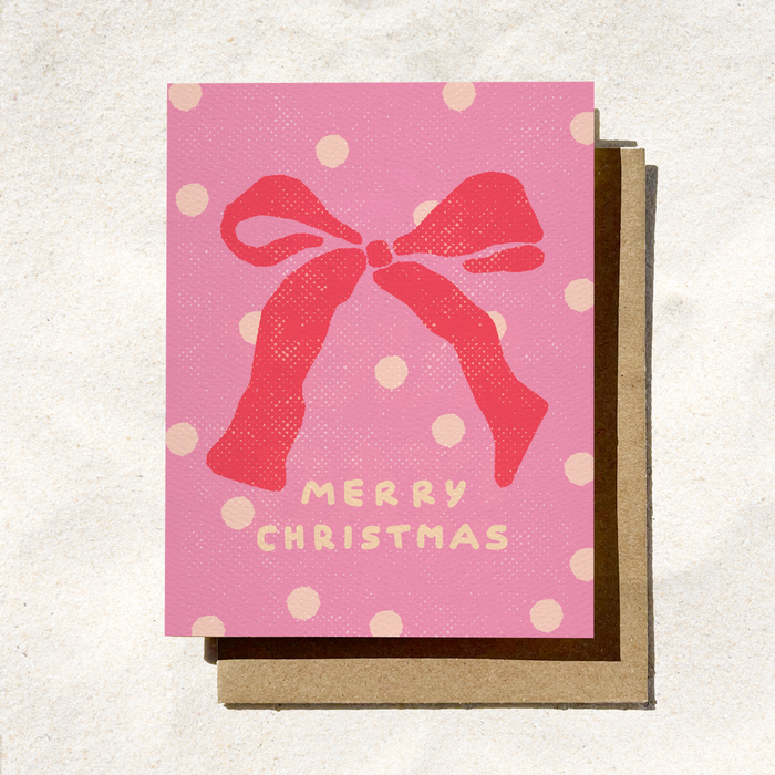 Cute Christmas Card | Red Bow | Pink Holiday Card | Ribbon