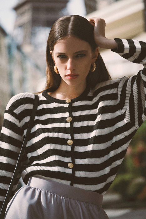 STRIPED SHORT CARDIGAN WITH GOLD BUTTONS