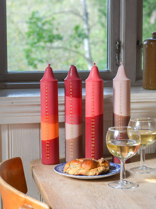 Advent Candle, Christmas Calendar, Red/Fuchsia/Beige/Brown