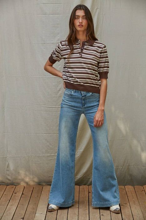 Knit Sweater Striped Half Button Up Collar Neck Top