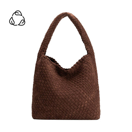 Brown woven handbag on a white background