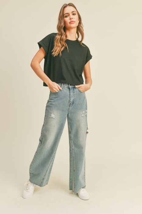 ROUND NECK CUFFED SLEEVE TOP