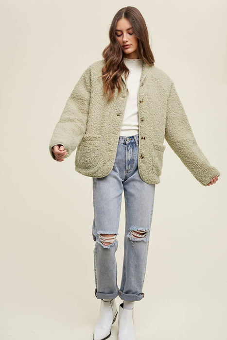 SHERPA BUTTON UP JACKET WITH PIPING DETAIL