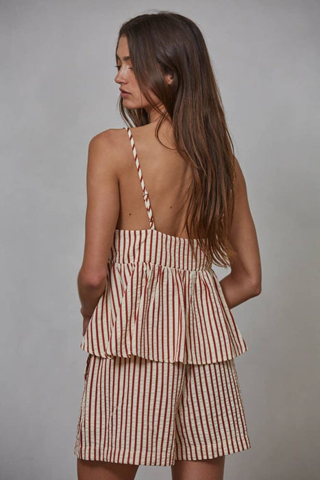 L8094 | Woven Polyester Viscose Cotton Striped V-Neck Top