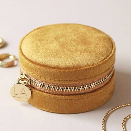 Mustard Yellow Velvet round Jewelry Case with zipper.