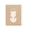 A beige card with 'Happy Birthday' text and a simple abstract design resembling a stylized plant.