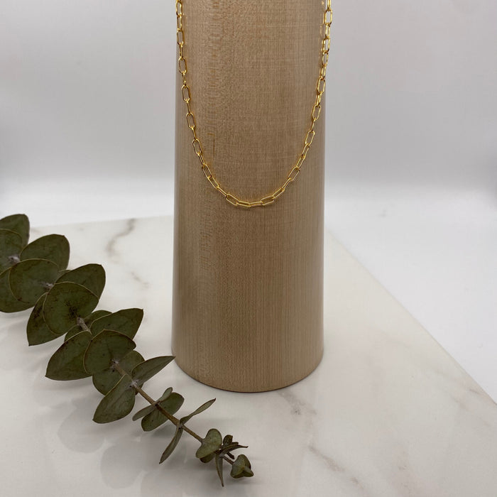 Modern 14k gold-filled paperclip chain.